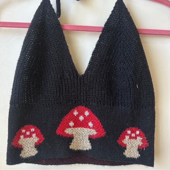 Black Knit Halter Top with Red Mushrooms - Picture 3 of 6